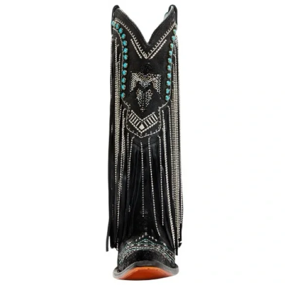 CORRAL EMBROIDERED AND CRYSTAL Black and Turquoise Eagle FRINGE WESTERN BOOTS - Picture 8 of 15
